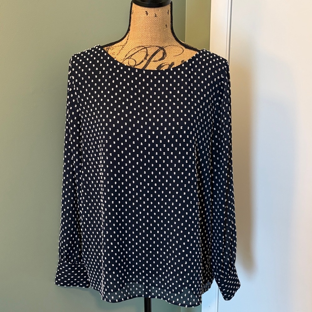 Ann Taylor Navy and White Polka Dot Blouse